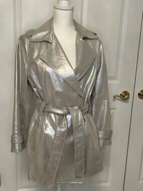 Chico's Women's Silver Twinkle Reese Trench Coat Genuine Leather Size 2(Large)